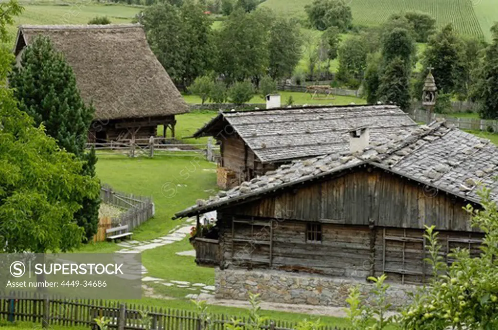 Farmhouse and hay barn in the South Tyrolean local history museum at Dietenheim, Puster Valley, South Tyrol, Italy