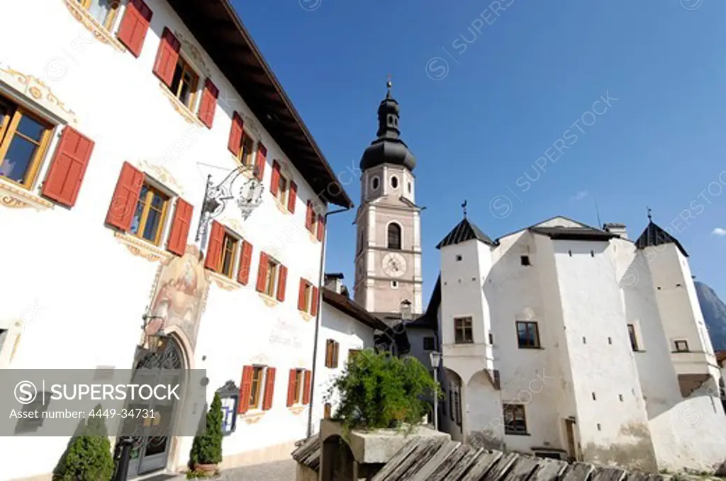 Village centre with Hotel zum Turm and the parish church of St Peter and Paul, Kastelruth, Castelrotto, South Tyrol, Italy