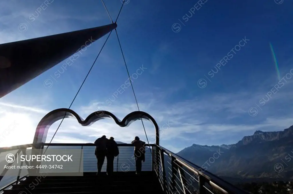 People on a modern viewing platform in the sunlight, Merano, Val Venosta, South Tyrol, Italy, Europe