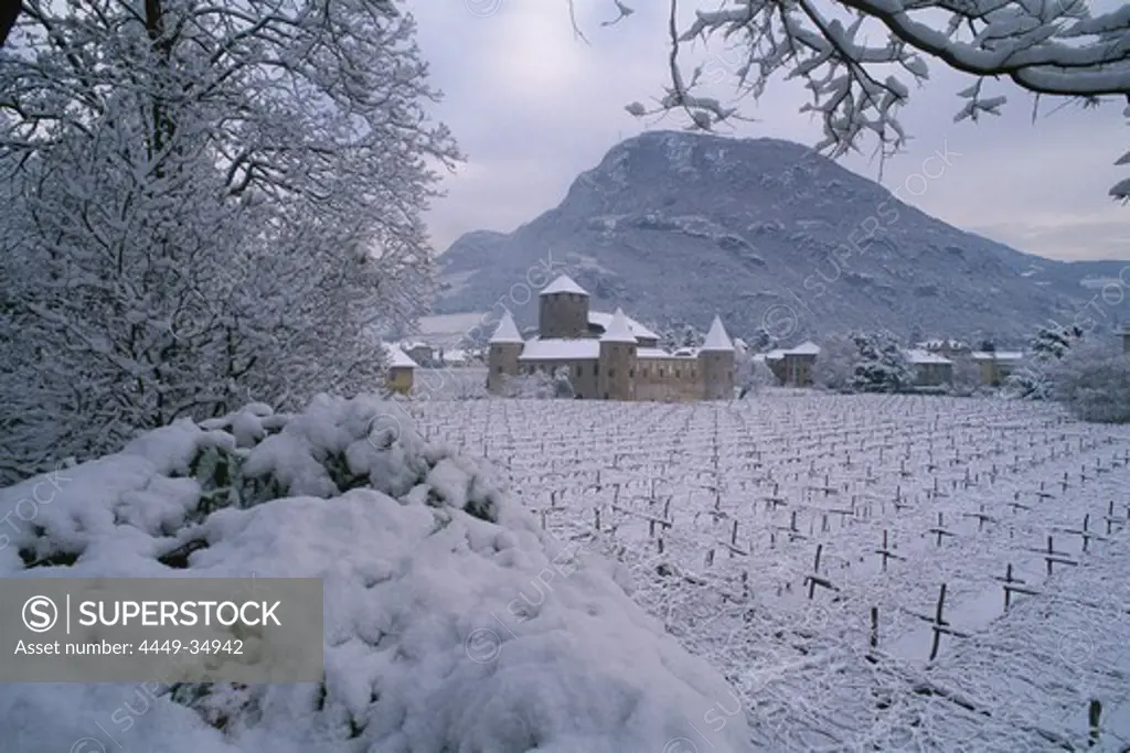 Maretsch castle in a winter landscape, Bolzano, South Tirol, Italy