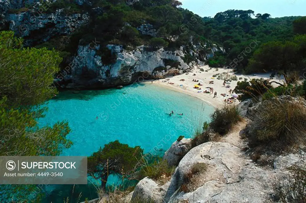 Coastal landscape with beach, Cala Macarelleta, Minorca, Spain