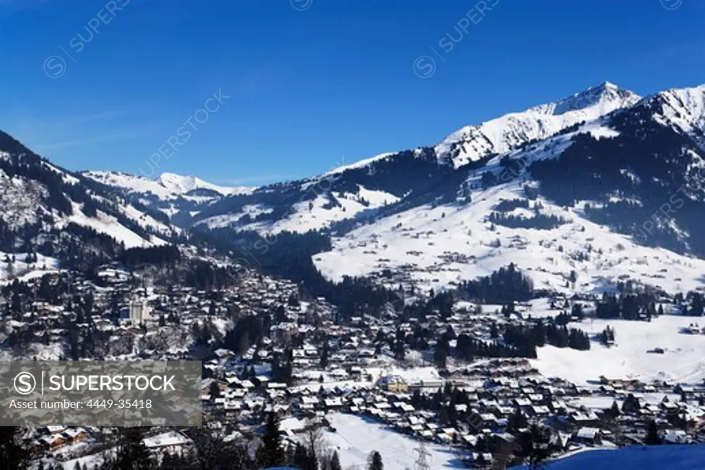High angle view of Gstaad, Bernese Oberland, Canton of Berne, Switzerland