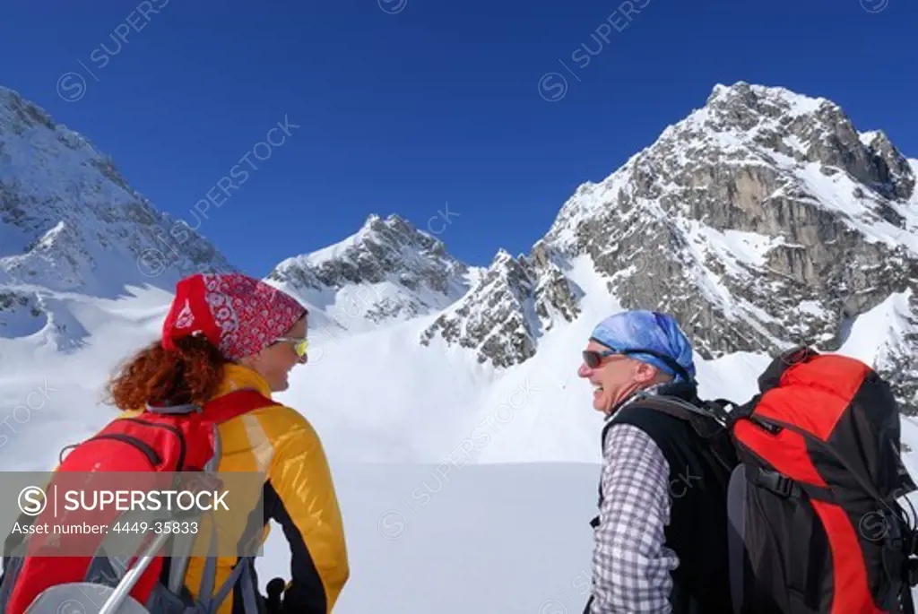 Two backcountry skiers, Tajatoerl, Mieminger range, Tyrol, Austria