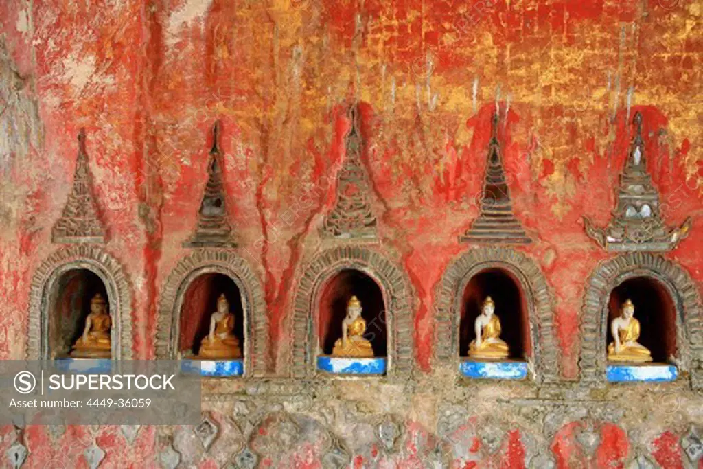 Little Buddha statues in the wall of the pagoda of the Shwe Yan Bye Monastery, Nyaungshwe, Shan State, Myanmar, Burma, Asia