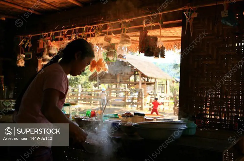 Woman selling typical shan noodle soup, Hispaw, Shan State, Myanmar, Burma, Asia