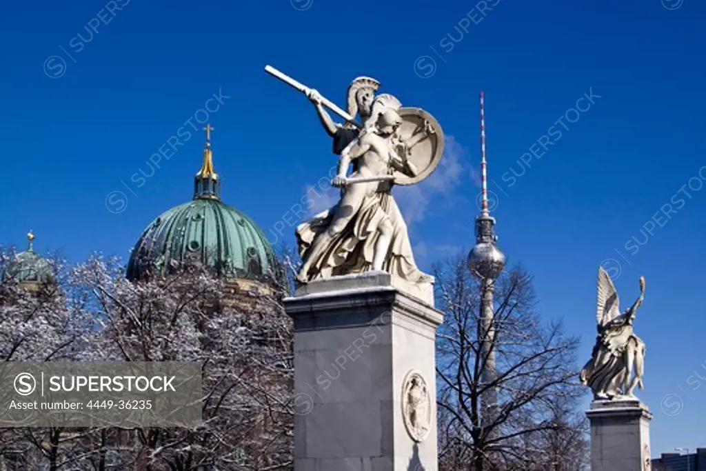 Sculptures by Schinkel at castle bridge under the lime trees, background dome, Berlin