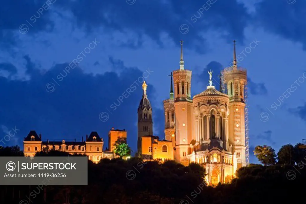 Notre Dame de Fourviere at twilight, Lyon, Rhone Alps, France