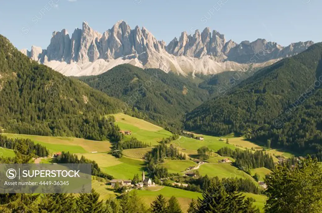 Mountain landscape and mountain village St. Magdalena, Villnoess valley, Dolomites, Geisler Group, South Tyrol, Italy