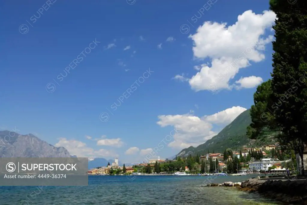 View over lake Gardo to Malcesine with Scaliger Castle, Malcesine, Veneto, Italy