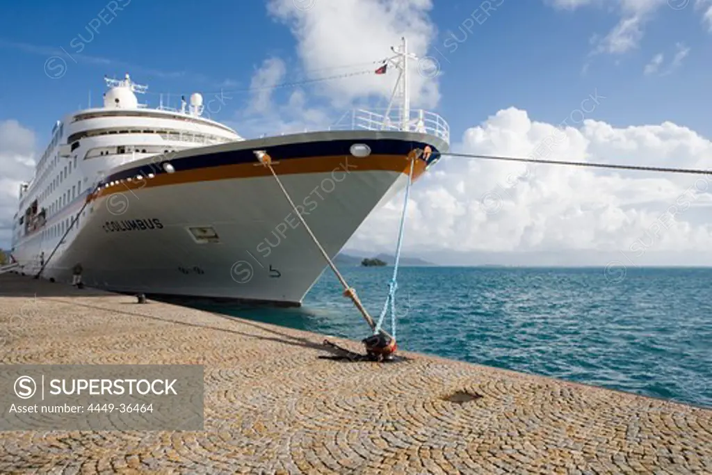 Cruiseship MV Columbus at the pier in the sunlight, Raiatea, Society Islands, French Polynesia, South Pacific, Oceania