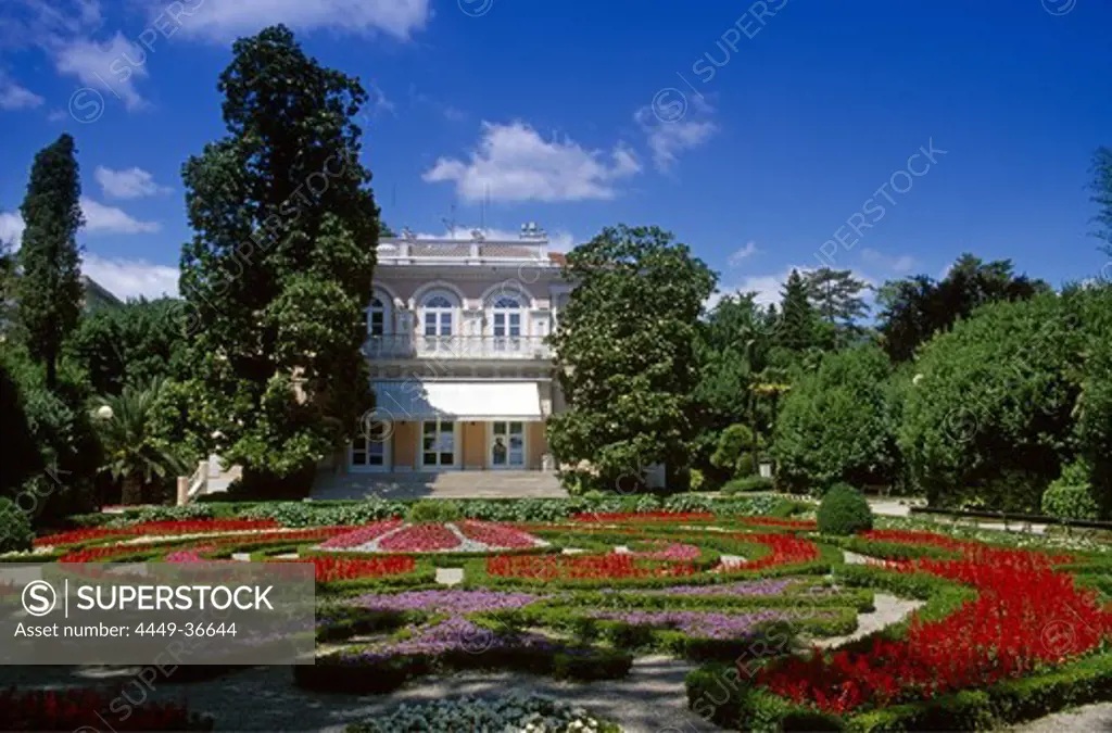 Formal garden with flowers in front of Villa Angiolina, Opatija, Croatian Adriatic Sea, Istria, Croatia, Europe