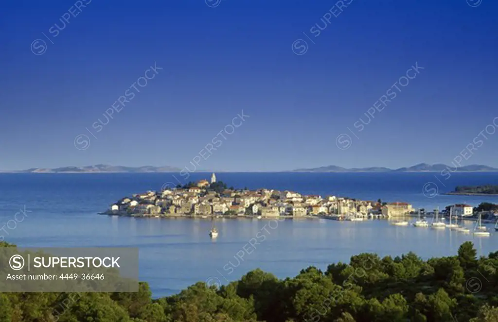 View at Primosten under blue sky, Croatian Adriatic Sea, Dalmatia, Croatia, Europe