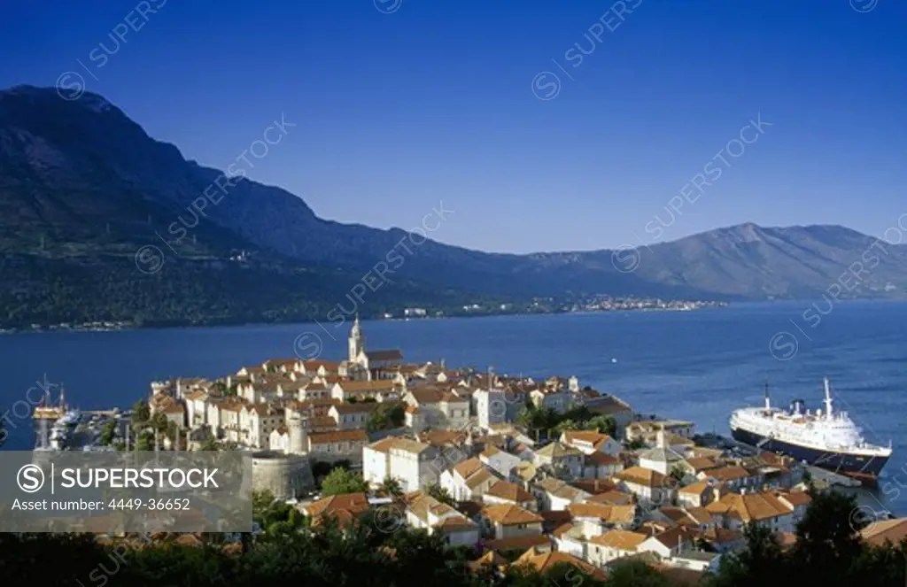 View over the Old Town and the harbour under blue sky, Korcula island, Croatian Adriatic Sea, Dalmatia, Croatia, Europe