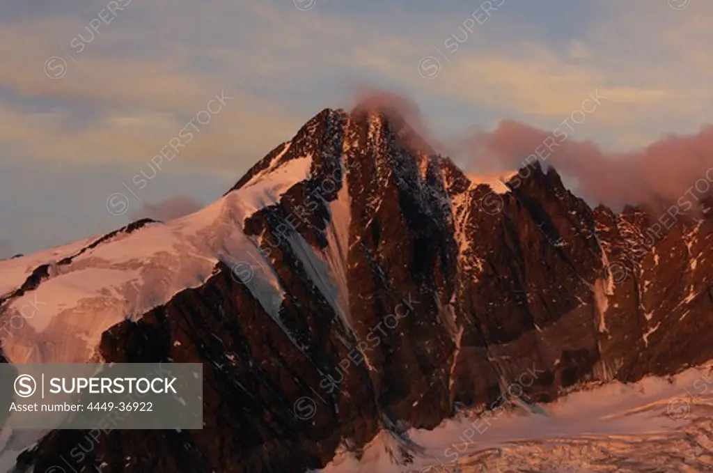 Mountain summit in morning light, pasterze glacier, Grossglockner, 3798m, Hohe Tauern National park, Carinthia, Austria