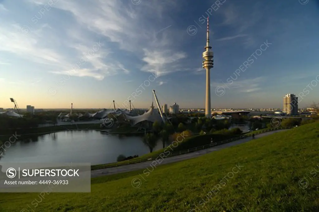 Olympia Park with Olympic tower and lake, Munich, Upper Bavaria, Bavaria, Germany, Europe