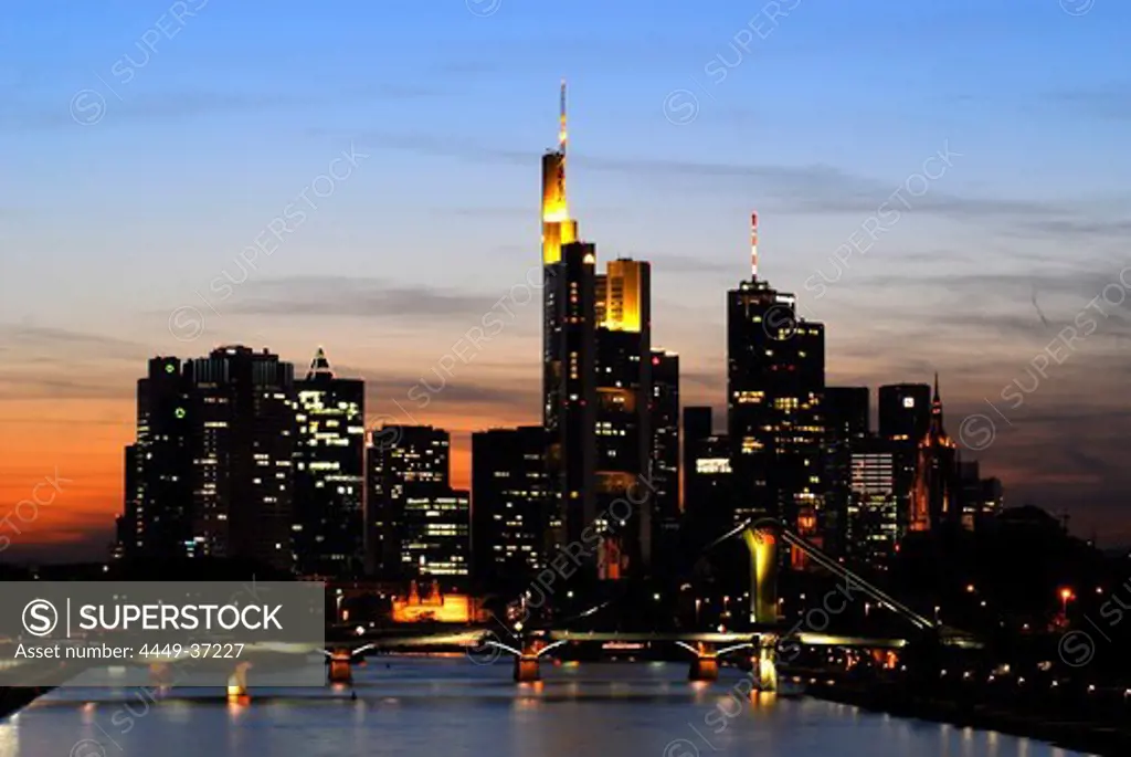 Skyline of the banking district in the evening, Frankfurt am Main, Hesse, Germany