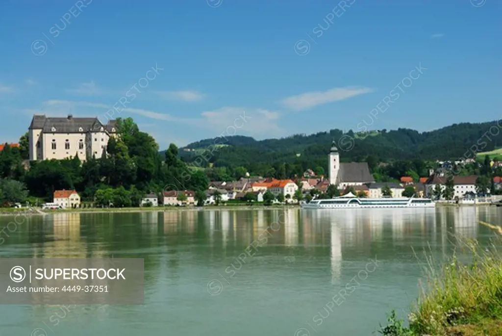 View over river Danube to Grein with castle, Upper Austria, Austria