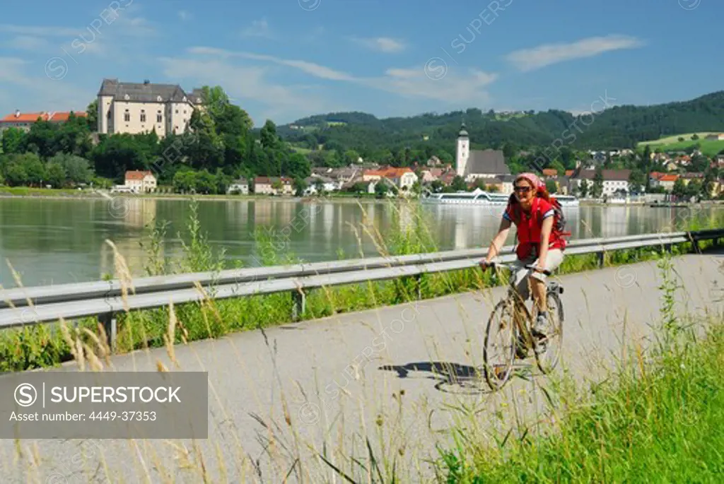 Female cyclist riding along Danube river, Danube Cycle Route Passau to Vienna, Grein, Upper Austria, Austria