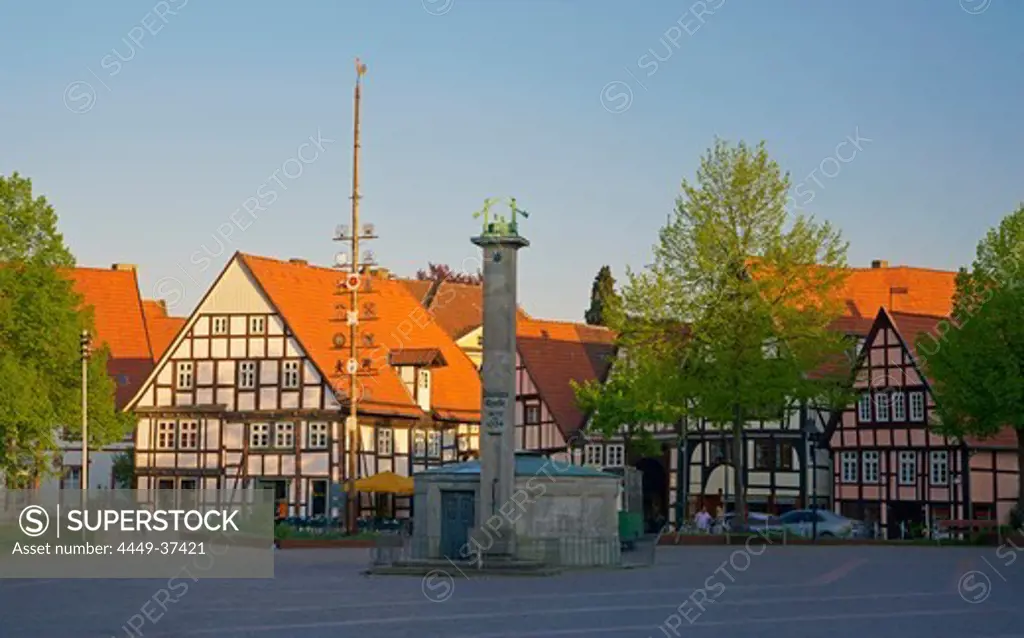 Half timbered houses in the old city of the town of Bad Salzuflen, Well, Paulinenquelle, Strasse der Weserrenaissance, Lippe, North Rhine-Westphalia, Germany, Europe