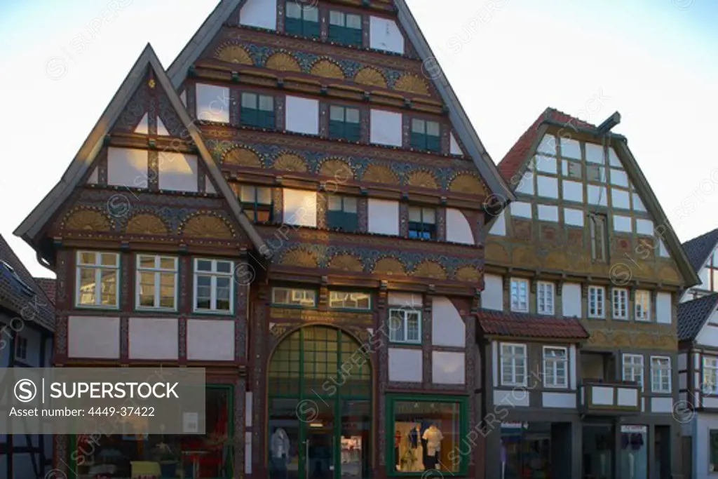 Half timbered houses in the old city of the town of Bad Salzuflen, Strasse der Weserrenaissance, Lippe, North Rhine-Westphalia, Germany, Europe