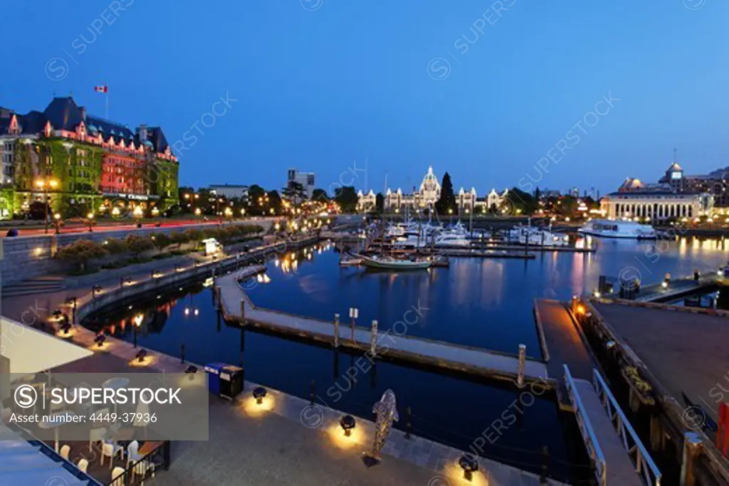 Victoria harbour, Hotel Empress, twilight, Victoria, Vancouver Island, Canada, North America