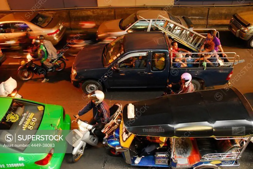 Downtown Bangkok, traffic jam under the skytrain, Silom Road, Thailand, Asia