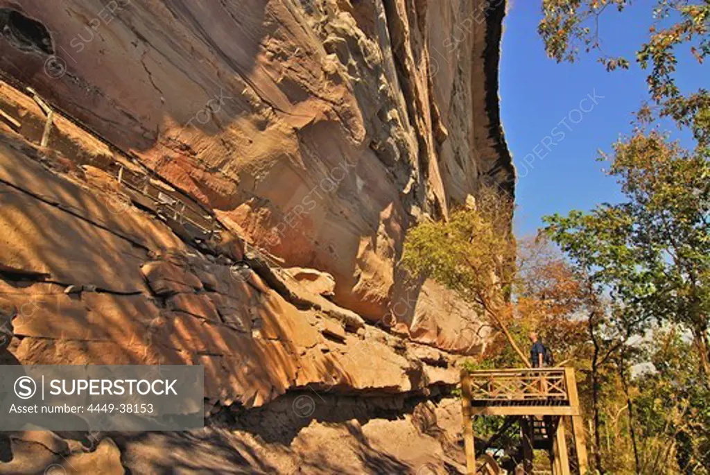 Prehistorical rock paintings at the rock cliff Pha Taem am Mekong, Province Ubon Ratchathani, Thailand, Asia