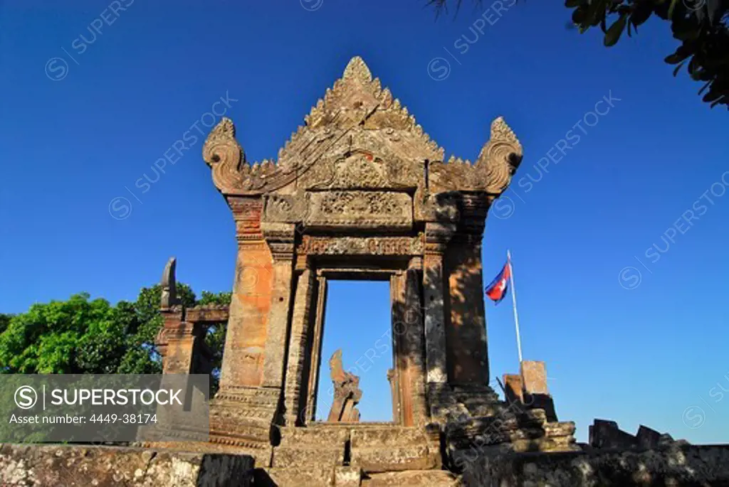 Temple with gopura and cambodian flag, historical site disputed between Thailand and Cambodia, Prasat Khao Phra Wihan or Preah Vihar, cambodian name, Asia