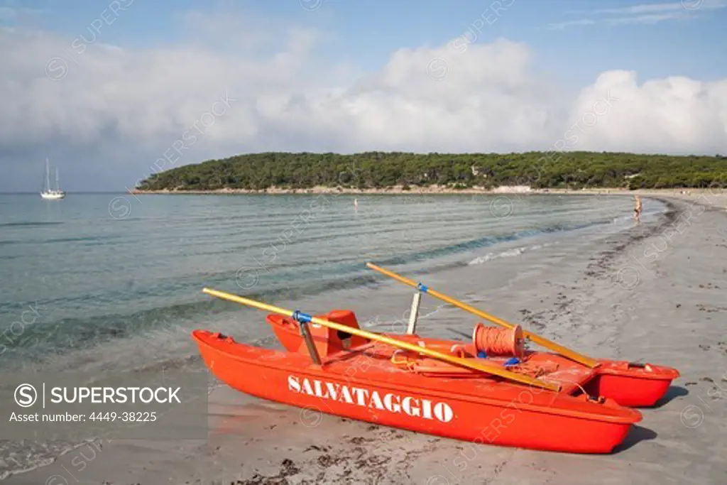 Red boat on a sandy beach in the sunlight, Porto Pino, Sardinia, Italy, Europe