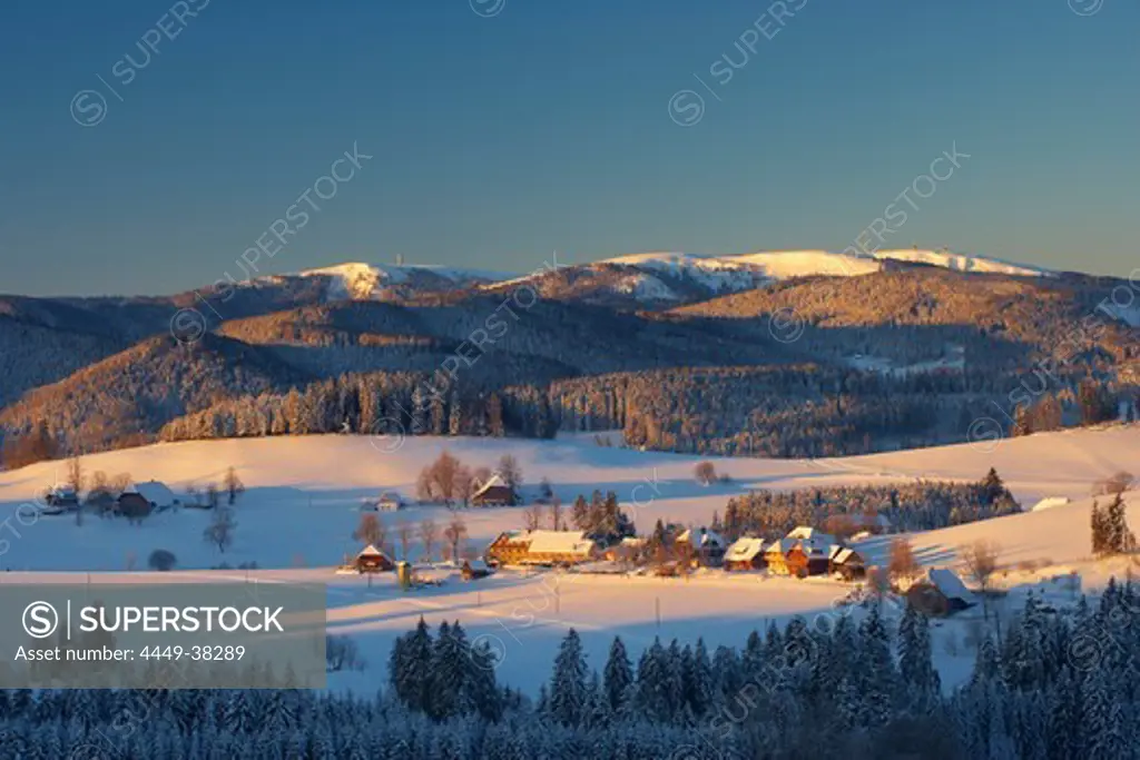Sunrise on a winter's morning at Breitnau-Fahrenberg, Feldberg, Black Forest, Baden-Wuerttemberg, Germany, Europe