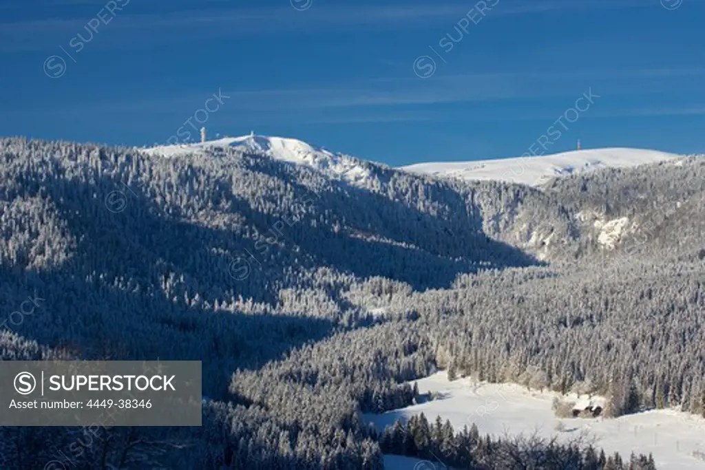 Snow-covered Feldberg with Seebachtal on a Winter's morning, Black Forest, Baden-Wuerttemberg, Germany, Europe
