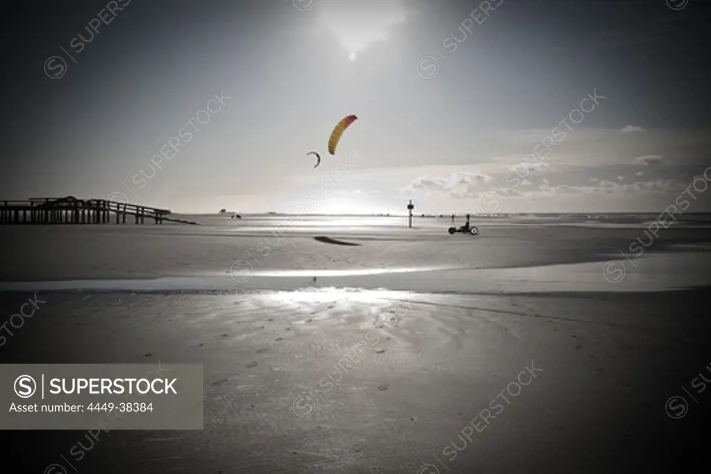 Kite buggy at beach, St Peter Ording, Wadden Sea National Park, Schleswig-Holstein, Germany