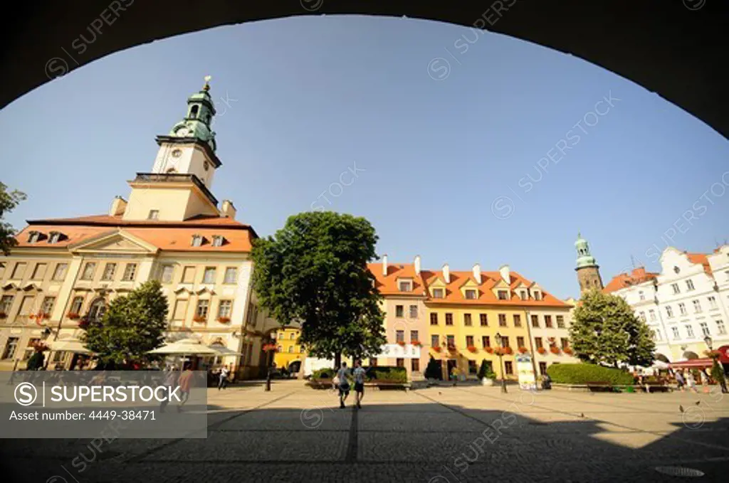 Market square with town hall in the sunlight, Jelenia Gora, Bohemian mountains, Lower Silesia, Poland, Europe