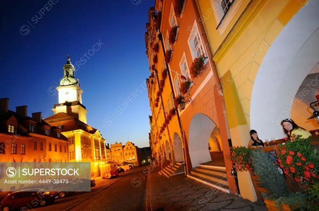 Market square with illuminated town hall in the evening, Jelenia Gora, Bohemian mountains, Lower Silesia, Poland, Europe