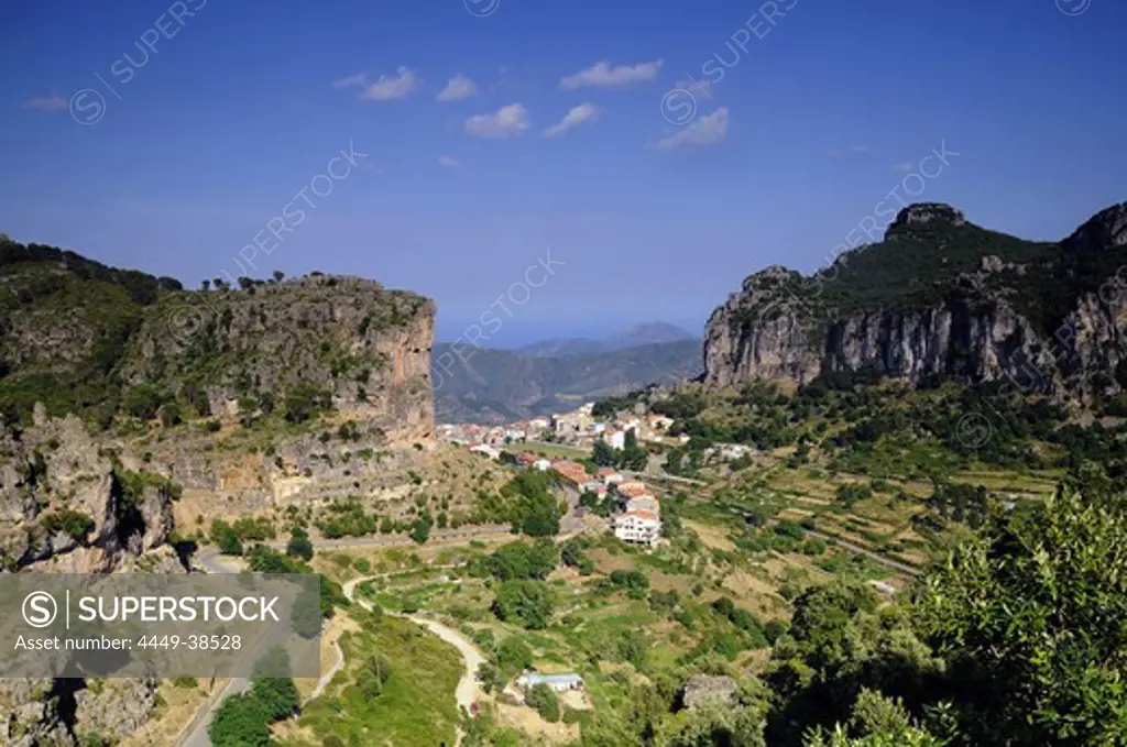 View at the houses of the town Ulassai in the Gennargentu mountains, Sardinia, Italy, Europe