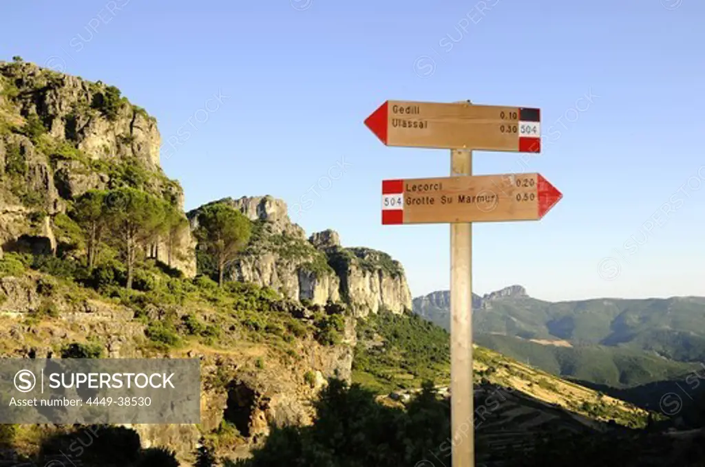 Signpost in the Gennargentu mountains in the sunlight, Sardinia, Italy, Europe