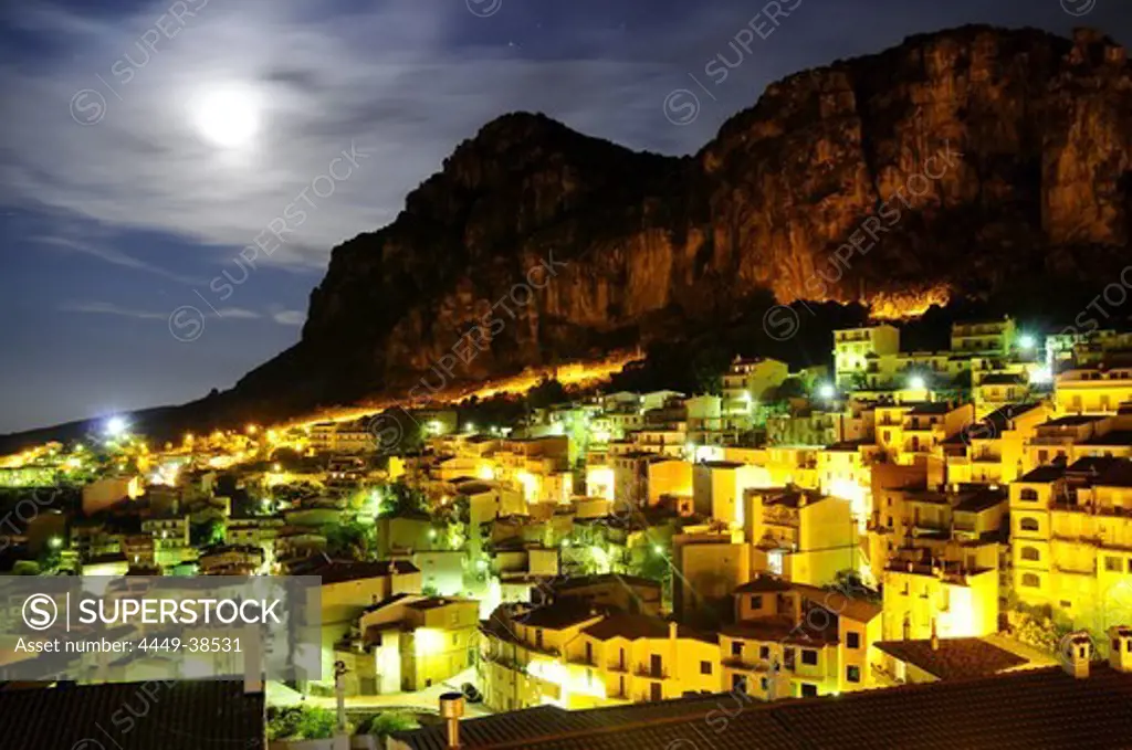 The illuminated town Ulassai in the Gennargentu mountains at night, Sardinia, Italy, Europe