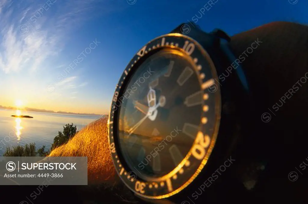 Midnight Sun with wristwatch showing the time, Watch, Steigen, Northland, Norway