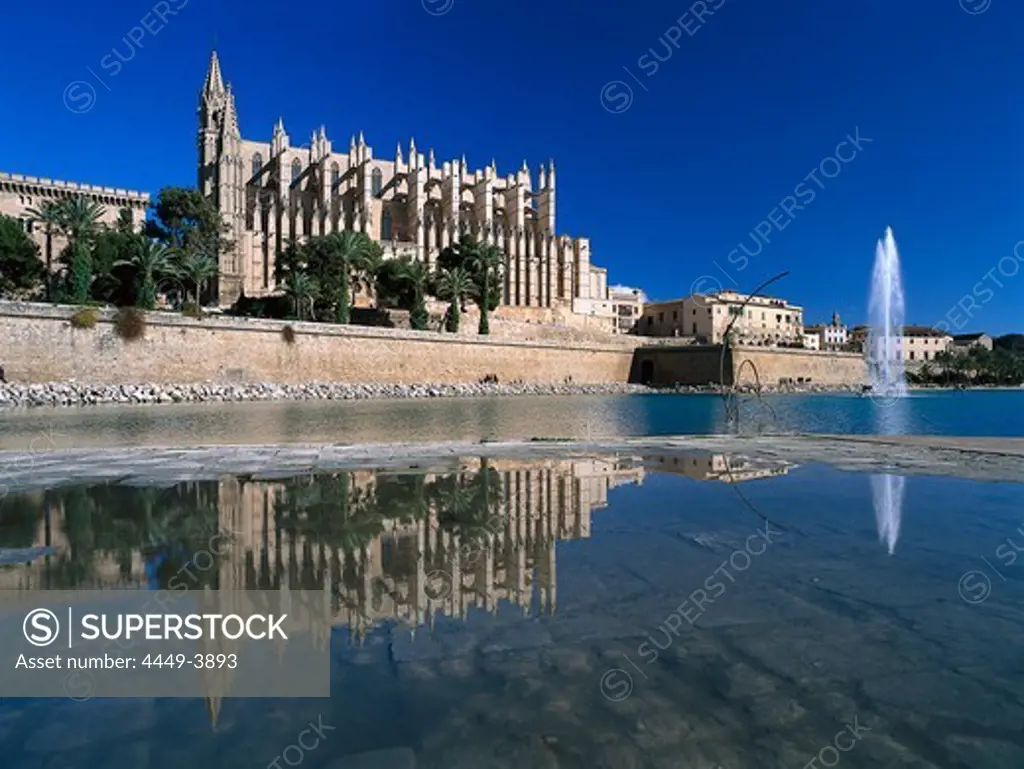 Cathedral La Seu with reflection, Palma Cathedral, Cathedral of Santa Maria of Palma, Palma de Mallorca, Mallorca, Spain