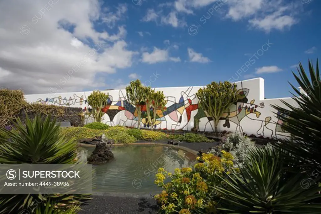 Pond with patio, former residence of artist and architect Cesar Manrique, museum, Fundacion Cesar Manrique, Taro de Tahiche, UNESCO Biosphere Reserve, Lanzarote, Canary Islands, Spain, Europe