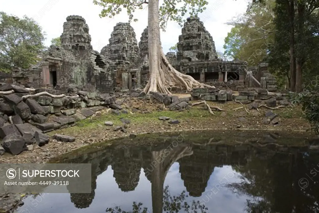 Temple ruins at a pond at Angkor, Siem Reap Province, Cambodia, Asia