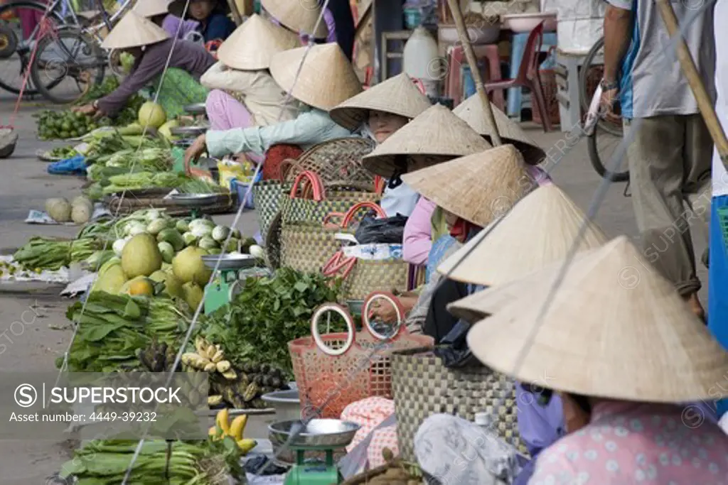 Vietnamese women at the market at Cai Rang, Mekong Delta, Can Tho Province, Vietnam, Asia