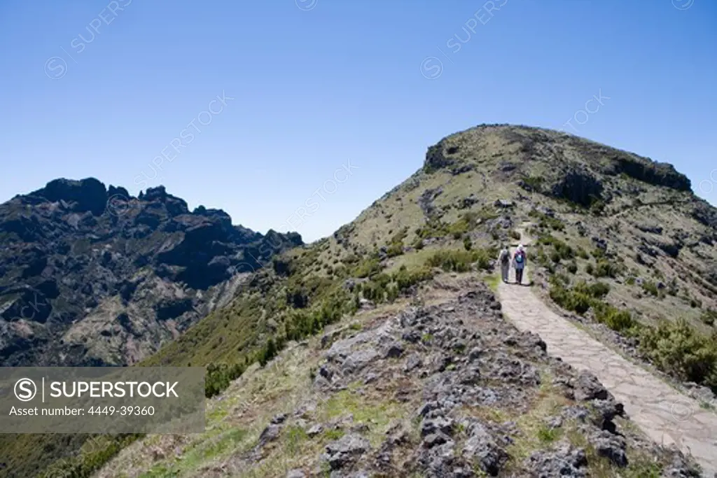 Hikers on a trail to Pico Ruivo Summit, Achada do Teixeira, Madeira, Portugal