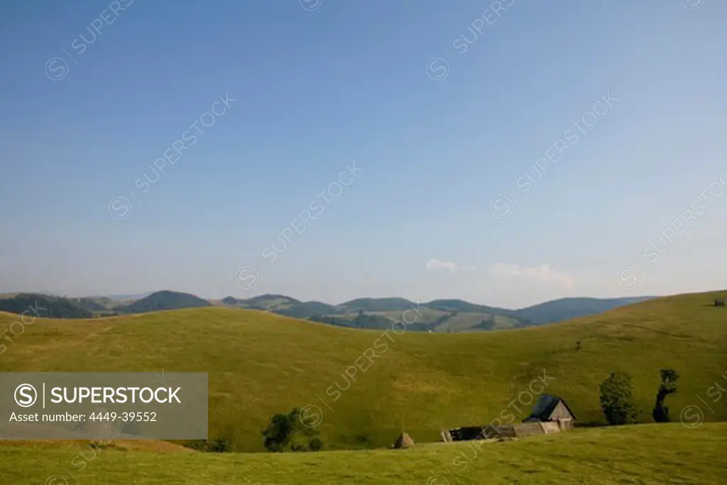 View at barn and haystack on an alp, Climatic spa Paltinisch, Transylvania, Romania, Europe