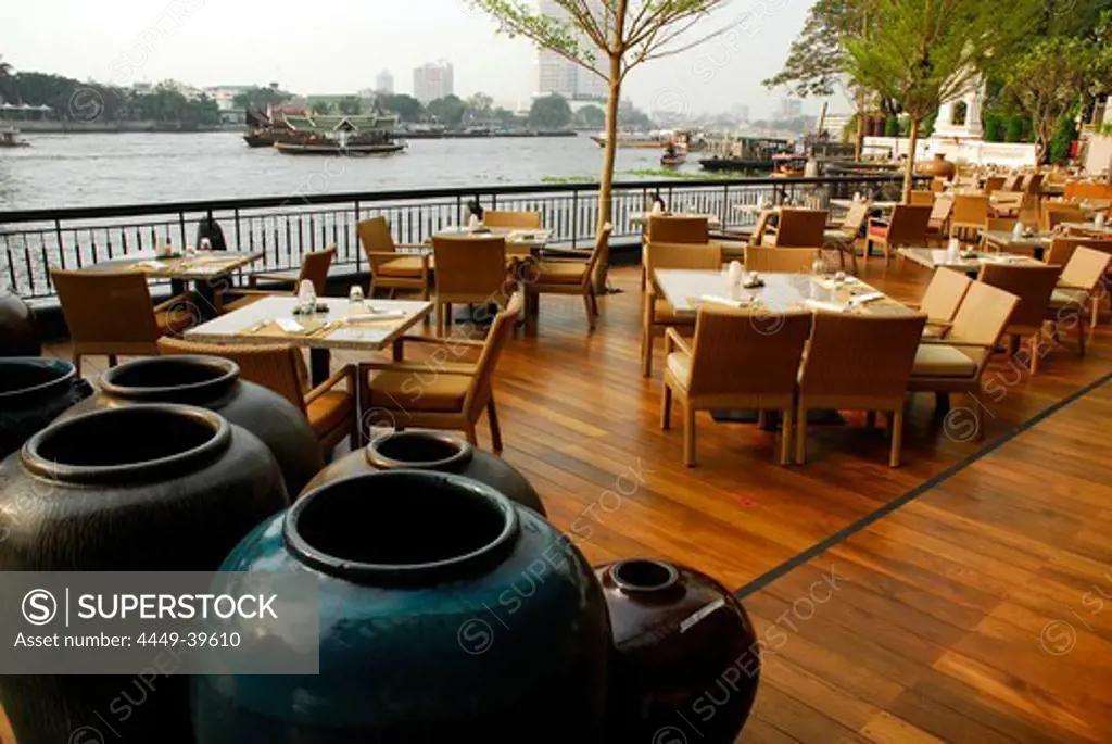 Pottery in Next2 cafe restaurant with terrace overlooking the river, Shangri-La Hotel, Bangrak, Bang Rak district, Bangkok, Krung Thep, Thailand, Asia