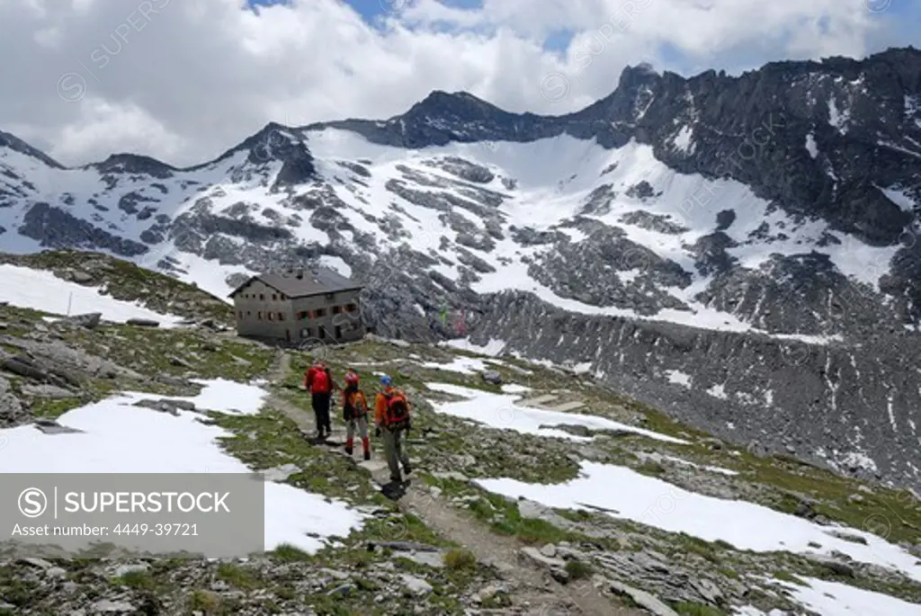 Three mountaineers near hut Hochfeilerhuette, Hochfeiler, Zillertal Alps, South Tyrol, Alto Adige, Italy