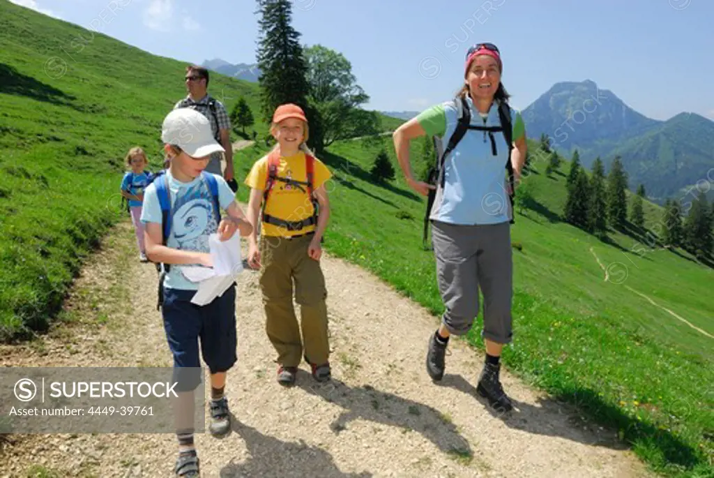 Group of hikers with children on trail, Bavarian Alps, Upper Bavaria, Bavaria, Germany