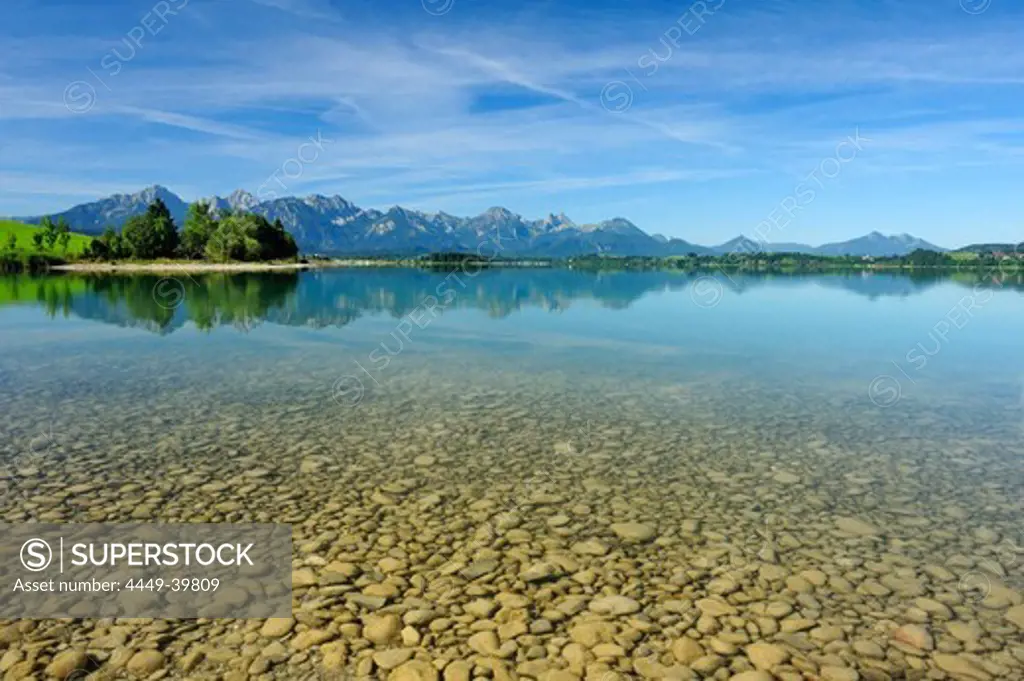 Lake Forggensee with Tannheim range in background, Allgaeu, Bavaria, Germany