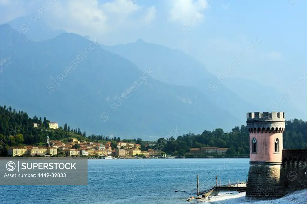 Castle tower at Lake Como, Bellagio in background, Lombardy, Italy