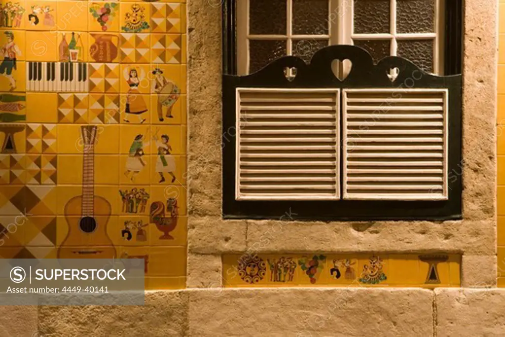 Tiles and window at Adega Machado Fado Bar and Restaurant in Bairro Alta District, Lisbon, Lisboa, Portugal, Europe